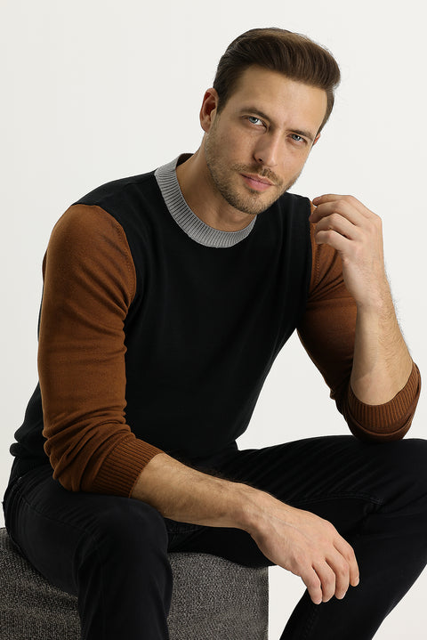 Black Crew Neck Slim Fit Narrow Cut Knit Sweater