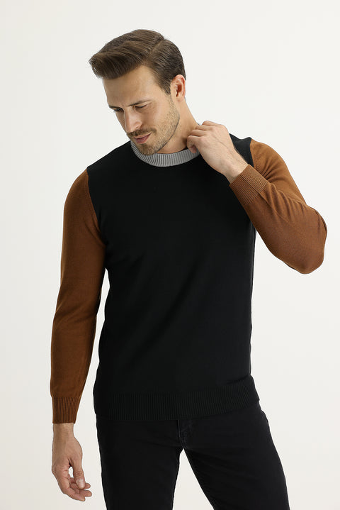 Black Crew Neck Slim Fit Narrow Cut Knit Sweater
