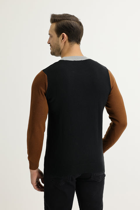 Black Crew Neck Slim Fit Narrow Cut Knit Sweater