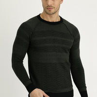Black Crew Neck Regular Fit Patterned Knit Sweater