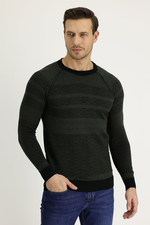 Black Crew Neck Regular Fit Patterned Knit Sweater
