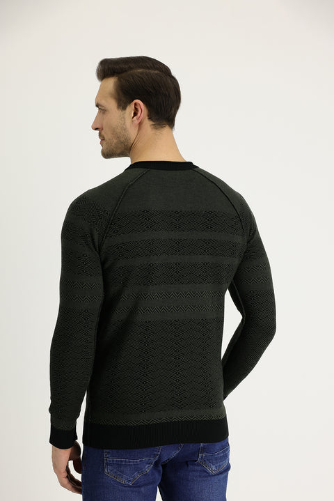 Black Crew Neck Regular Fit Patterned Knit Sweater