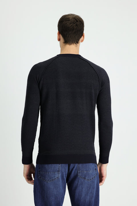 Dark Navy Crew Neck Regular Fit Patterned Knit Sweater