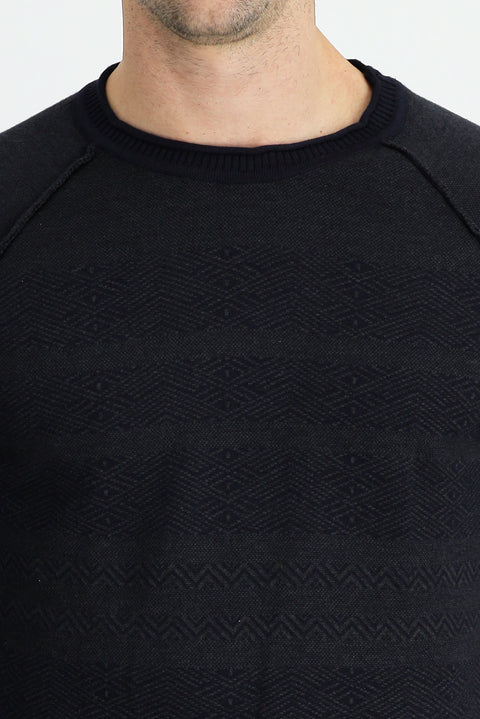 Dark Navy Crew Neck Regular Fit Patterned Knit Sweater