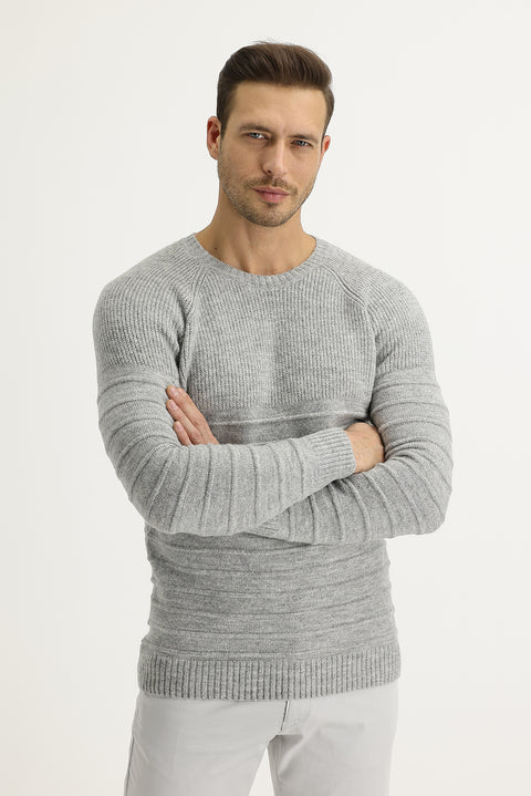 Light Grey Melange Crew Neck Slim Fit Narrow Cut Wool Patterned Knit Sweater