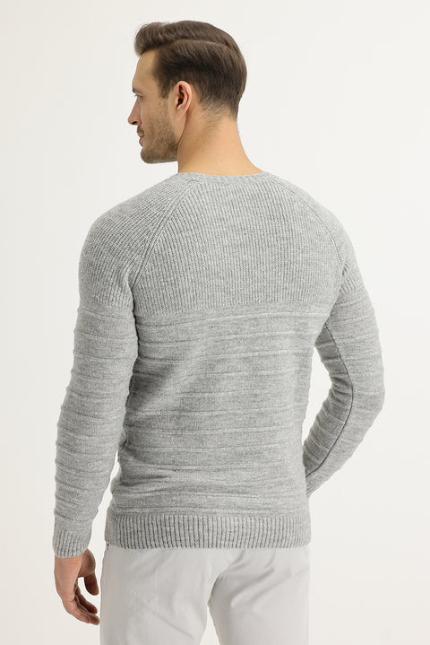 Light Grey Melange Crew Neck Slim Fit Narrow Cut Wool Patterned Knit Sweater