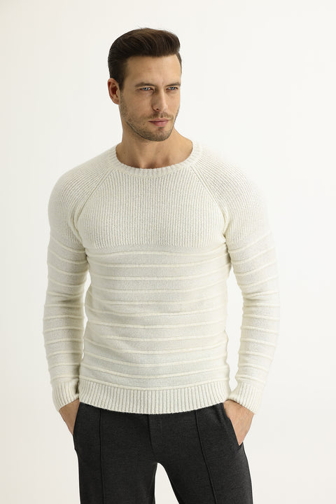 Off-white crew neck slim fit, narrow cut, wool patterned knit sweater.