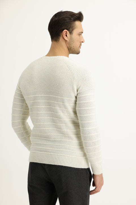 Off-white crew neck slim fit, narrow cut, wool patterned knit sweater.