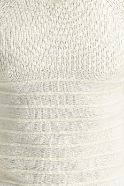 Off-white crew neck slim fit, narrow cut, wool patterned knit sweater.