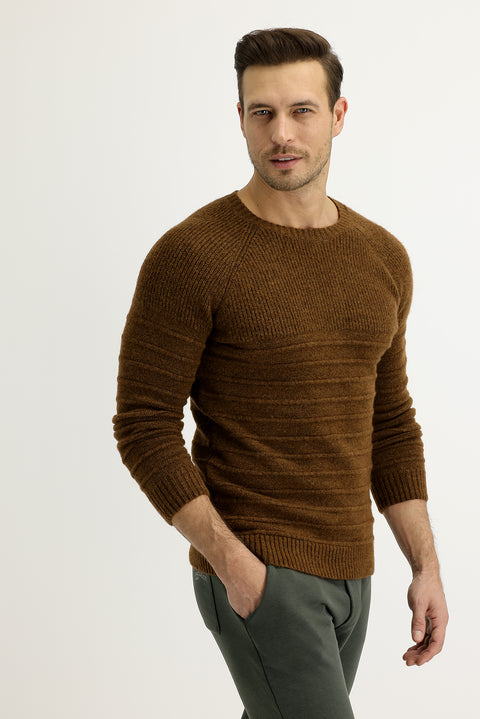 Cinnamon Crew Neck Slim Fit Narrow Cut Wool Patterned Knit Sweater