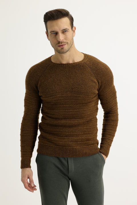 Cinnamon Crew Neck Slim Fit Narrow Cut Wool Patterned Knit Sweater