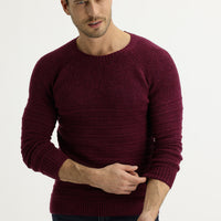Plum-colored Crew Neck Slim Fit Narrow Cut Knit Sweater