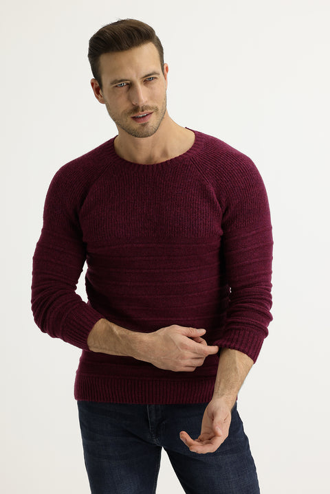 Plum-colored Crew Neck Slim Fit Narrow Cut Knit Sweater