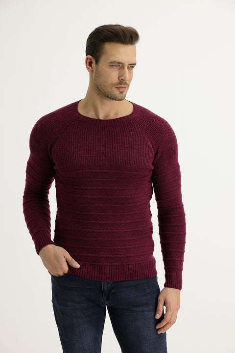 Plum-colored Crew Neck Slim Fit Narrow Cut Knit Sweater
