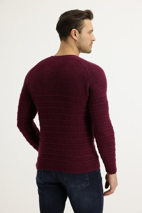 Plum-colored Crew Neck Slim Fit Narrow Cut Knit Sweater