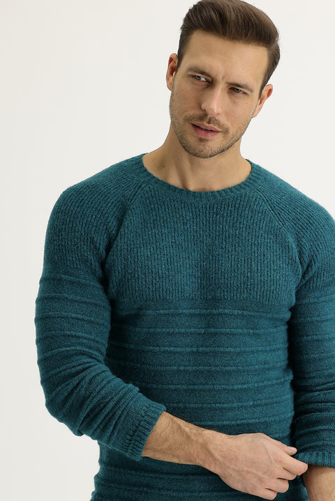 Emerald Green Crew Neck Slim Fit Narrow Cut Knit Sweater