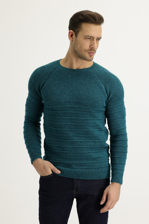 Emerald Green Crew Neck Slim Fit Narrow Cut Knit Sweater