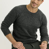 Dark Anthracite Crew Neck Slim Fit Narrow Cut Wool Patterned Knit Sweater