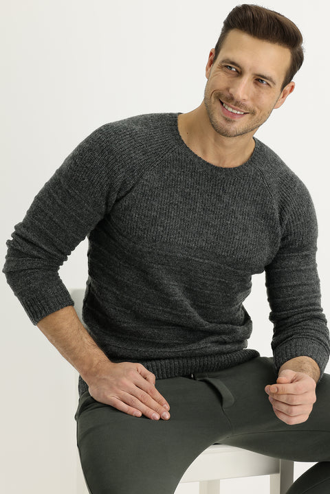 Dark Anthracite Crew Neck Slim Fit Narrow Cut Wool Patterned Knit Sweater