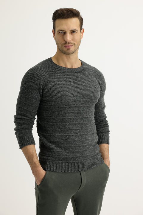 Dark Anthracite Crew Neck Slim Fit Narrow Cut Wool Patterned Knit Sweater