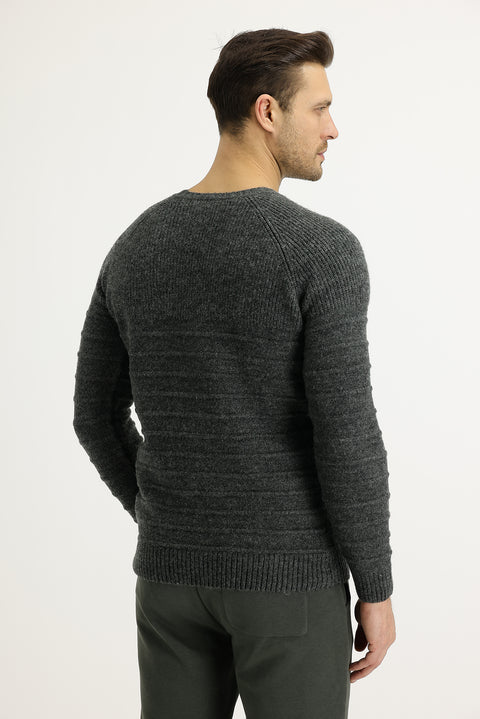 Dark Anthracite Crew Neck Slim Fit Narrow Cut Wool Patterned Knit Sweater