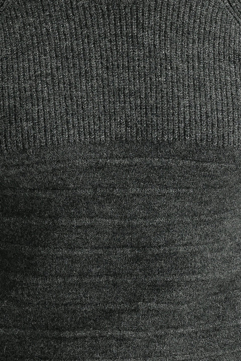 Dark Anthracite Crew Neck Slim Fit Narrow Cut Wool Patterned Knit Sweater