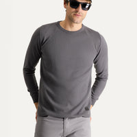 Medium Grey Crew Neck Slim Fit Narrow Cut Patterned Knit Sweater