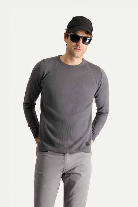 Medium Grey Crew Neck Slim Fit Narrow Cut Patterned Knit Sweater