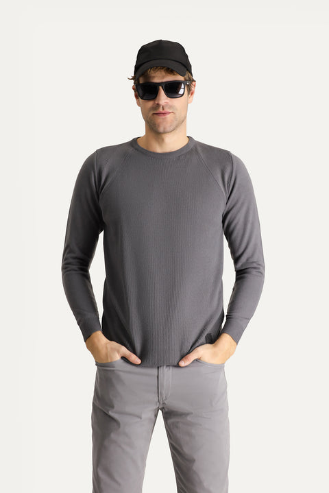 Medium Grey Crew Neck Slim Fit Narrow Cut Patterned Knit Sweater