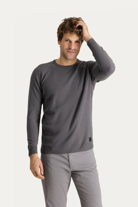 Medium Grey Crew Neck Slim Fit Narrow Cut Patterned Knit Sweater