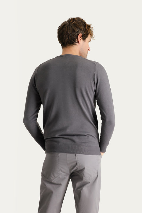 Medium Grey Crew Neck Slim Fit Narrow Cut Patterned Knit Sweater
