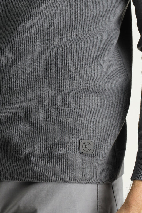 Medium Grey Crew Neck Slim Fit Narrow Cut Patterned Knit Sweater