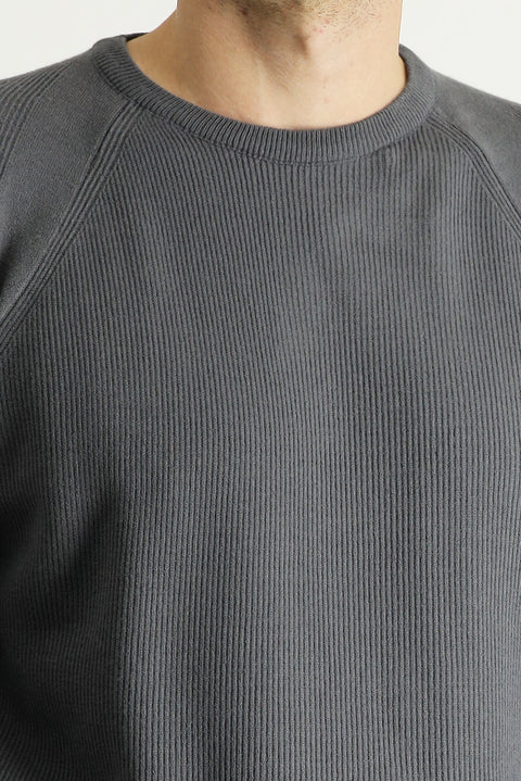 Medium Grey Crew Neck Slim Fit Narrow Cut Patterned Knit Sweater