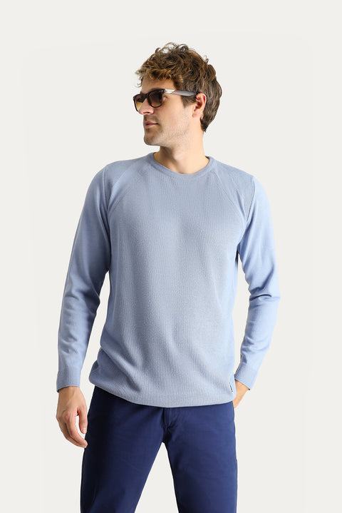 Blue Crew Neck Slim Fit Narrow Cut Patterned Knit Sweater
