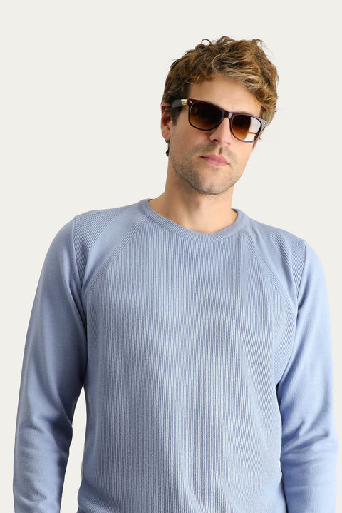Blue Crew Neck Slim Fit Narrow Cut Patterned Knit Sweater