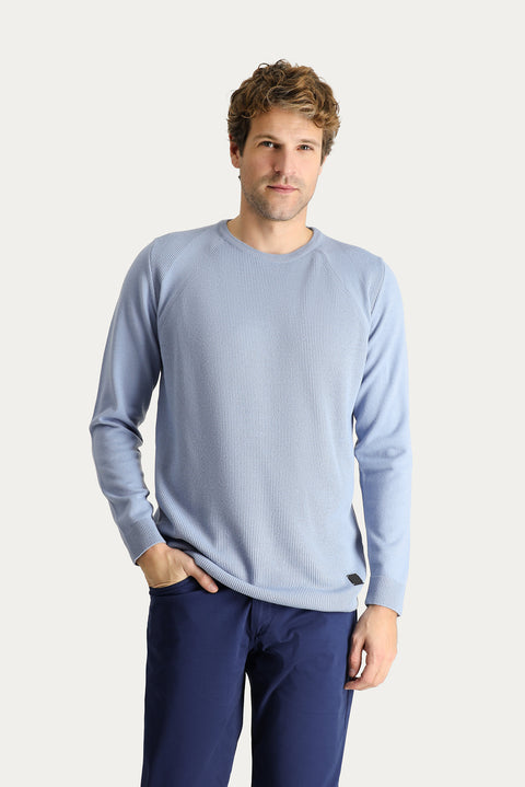 Blue Crew Neck Slim Fit Narrow Cut Patterned Knit Sweater