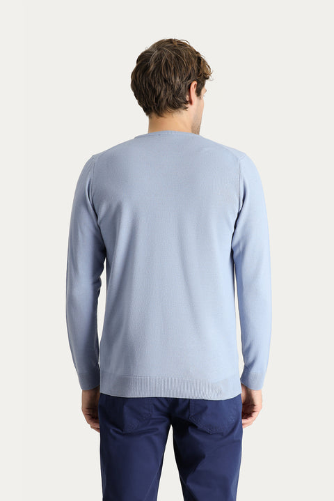 Blue Crew Neck Slim Fit Narrow Cut Patterned Knit Sweater
