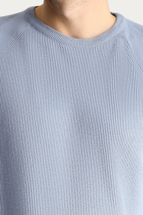 Blue Crew Neck Slim Fit Narrow Cut Patterned Knit Sweater