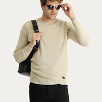 Medium Beige Crew Neck Slim Fit Narrow Cut Patterned Knit Sweater