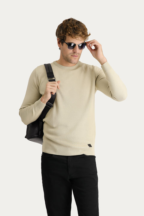 Medium Beige Crew Neck Slim Fit Narrow Cut Patterned Knit Sweater