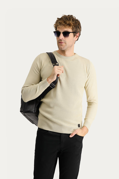 Medium Beige Crew Neck Slim Fit Narrow Cut Patterned Knit Sweater