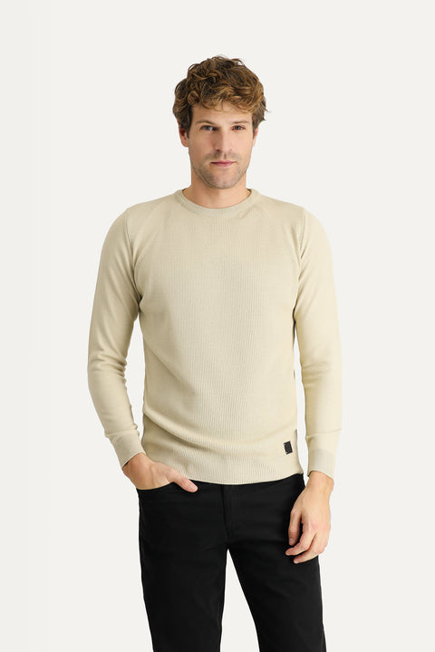 Medium Beige Crew Neck Slim Fit Narrow Cut Patterned Knit Sweater