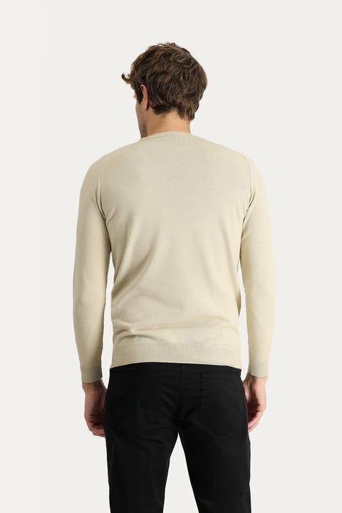 Medium Beige Crew Neck Slim Fit Narrow Cut Patterned Knit Sweater