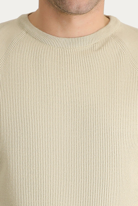 Medium Beige Crew Neck Slim Fit Narrow Cut Patterned Knit Sweater