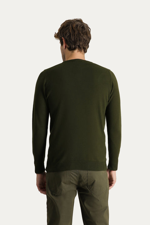Orta Haki Bisiklet Yaka Slim Fit Dar Kesim Desenli Triko Kazak