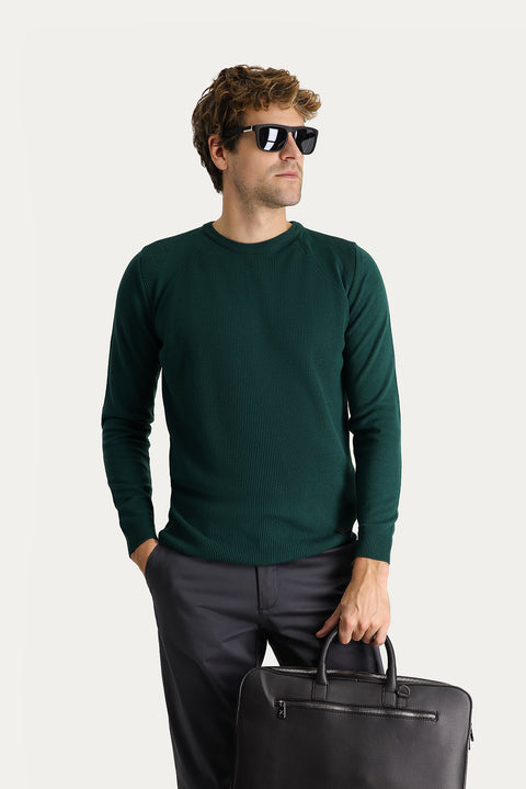 Petrol Green Crew Neck Slim Fit Narrow Cut Patterned Knit Sweater