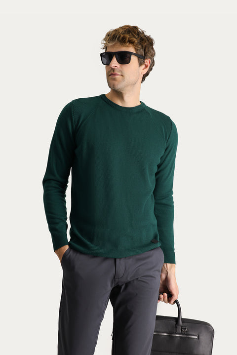 Petrol Green Crew Neck Slim Fit Narrow Cut Patterned Knit Sweater