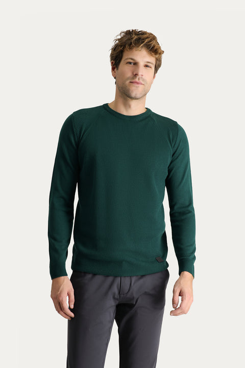 Petrol Green Crew Neck Slim Fit Narrow Cut Patterned Knit Sweater