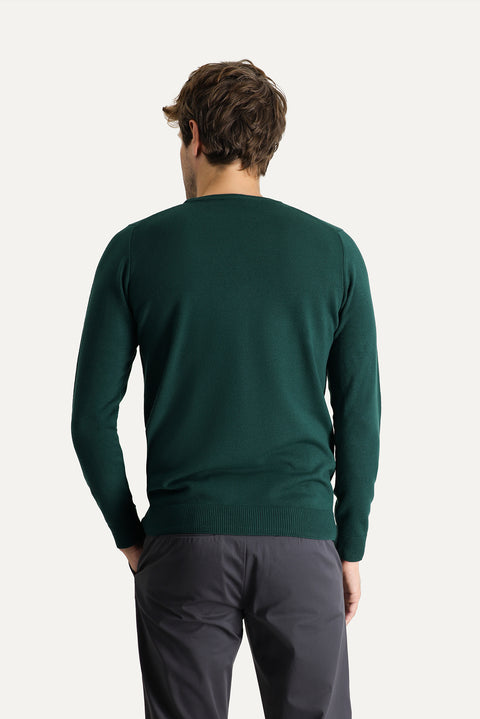 Petrol Green Crew Neck Slim Fit Narrow Cut Patterned Knit Sweater