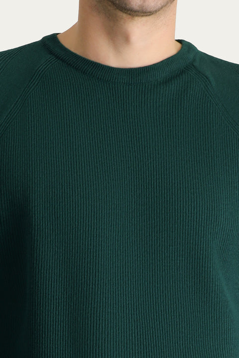 Petrol Green Crew Neck Slim Fit Narrow Cut Patterned Knit Sweater